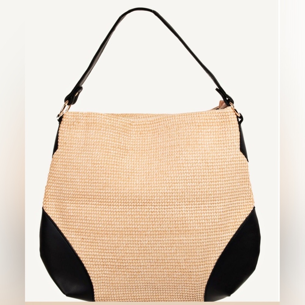 NWT Woven Straw and Black Trim Shoulder Bag